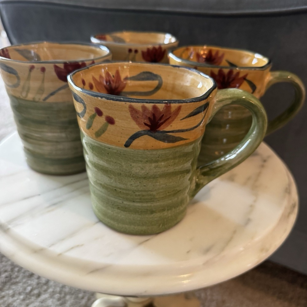 Pier 1 Elizabeth Hand Painted Stoneware Floral Green Blue Red Mugs (Lot of 4) - Picture 7 of 10